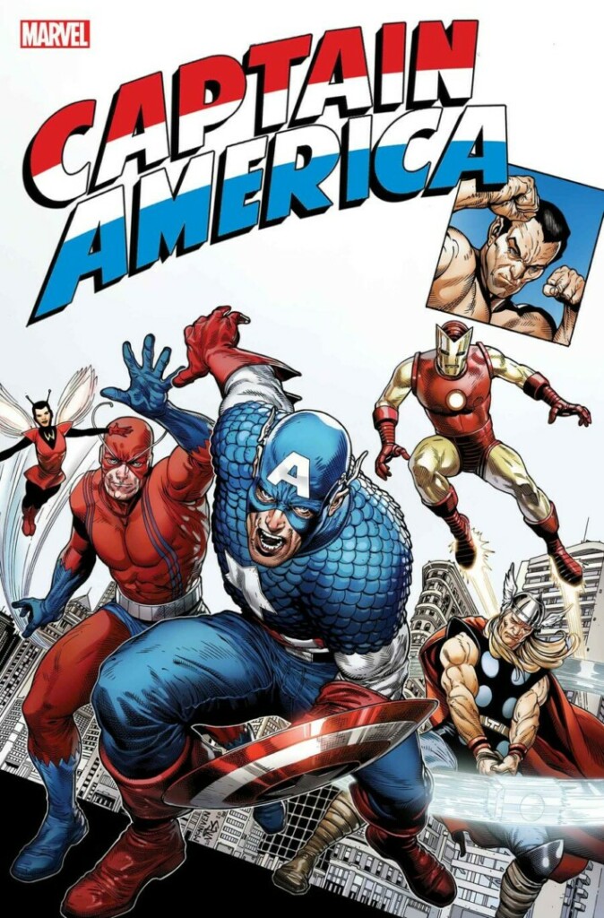Portada de cómic de Capitán América que muestra al Capitán, Iron Man, Thor, entre otros superhéroes