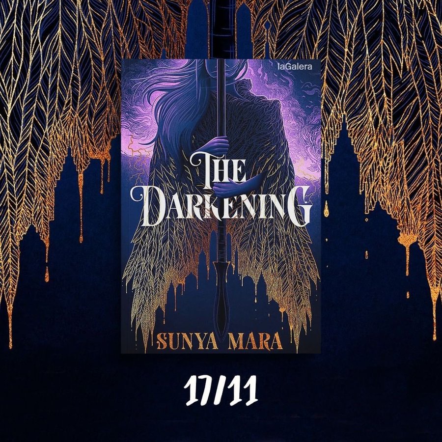 Cubierta de The Darkening, en la que se ve una silueta femenina de cuyos brazos brotan plumas doradas sobre fondo violeta